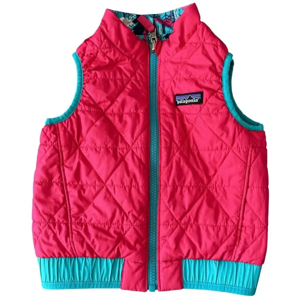 Patagonia Baby Reversible Puff-Ball Vest Teal Pink Forest Print Epic Blue Size 2